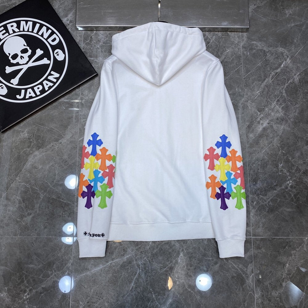 Chrome Heart Hoodie Crowe Double Arm Embroidered Colored Cross Group Leather Zip Sweater