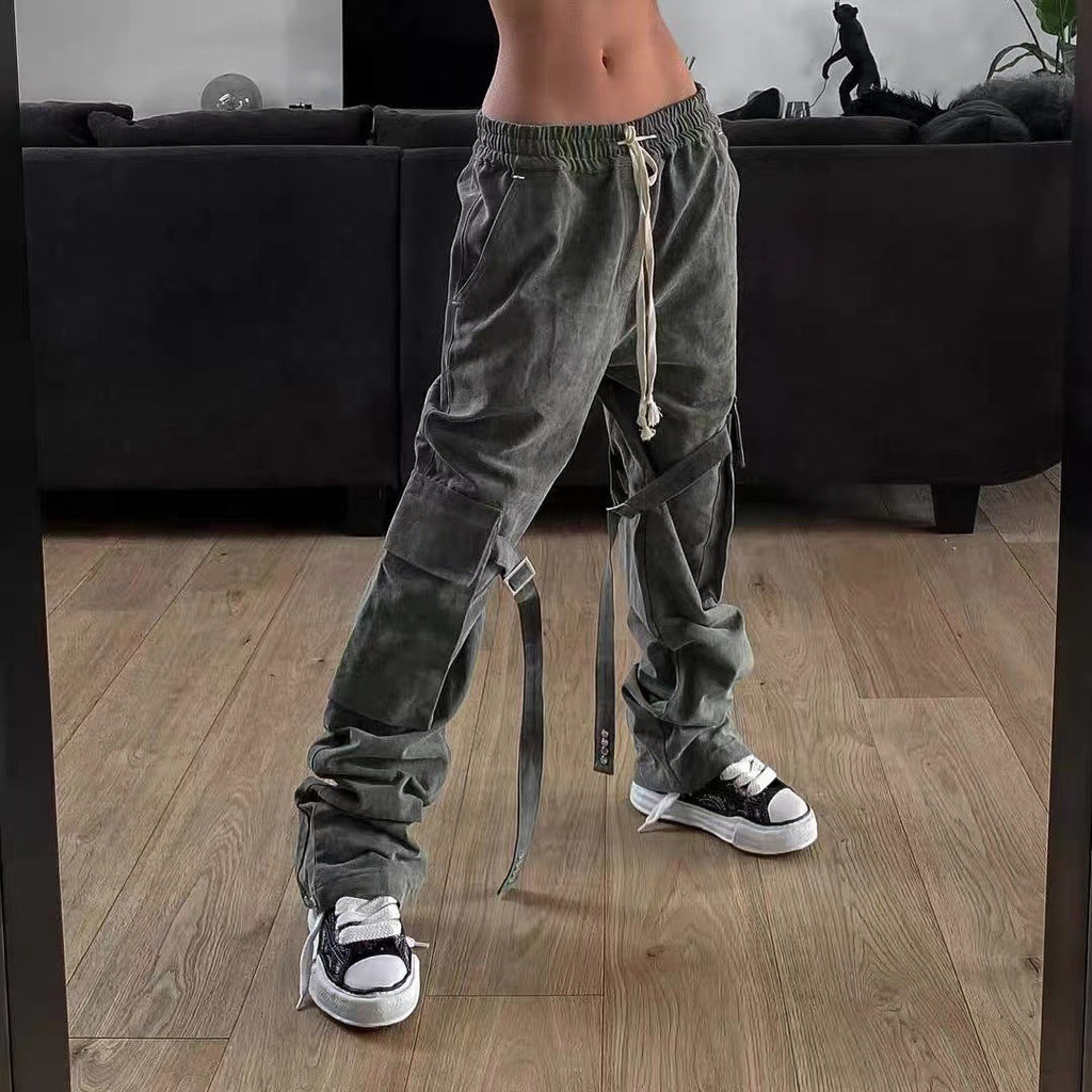 Askyurself Pant Loose Casual Straight-Leg Drawstring Overalls Trousers