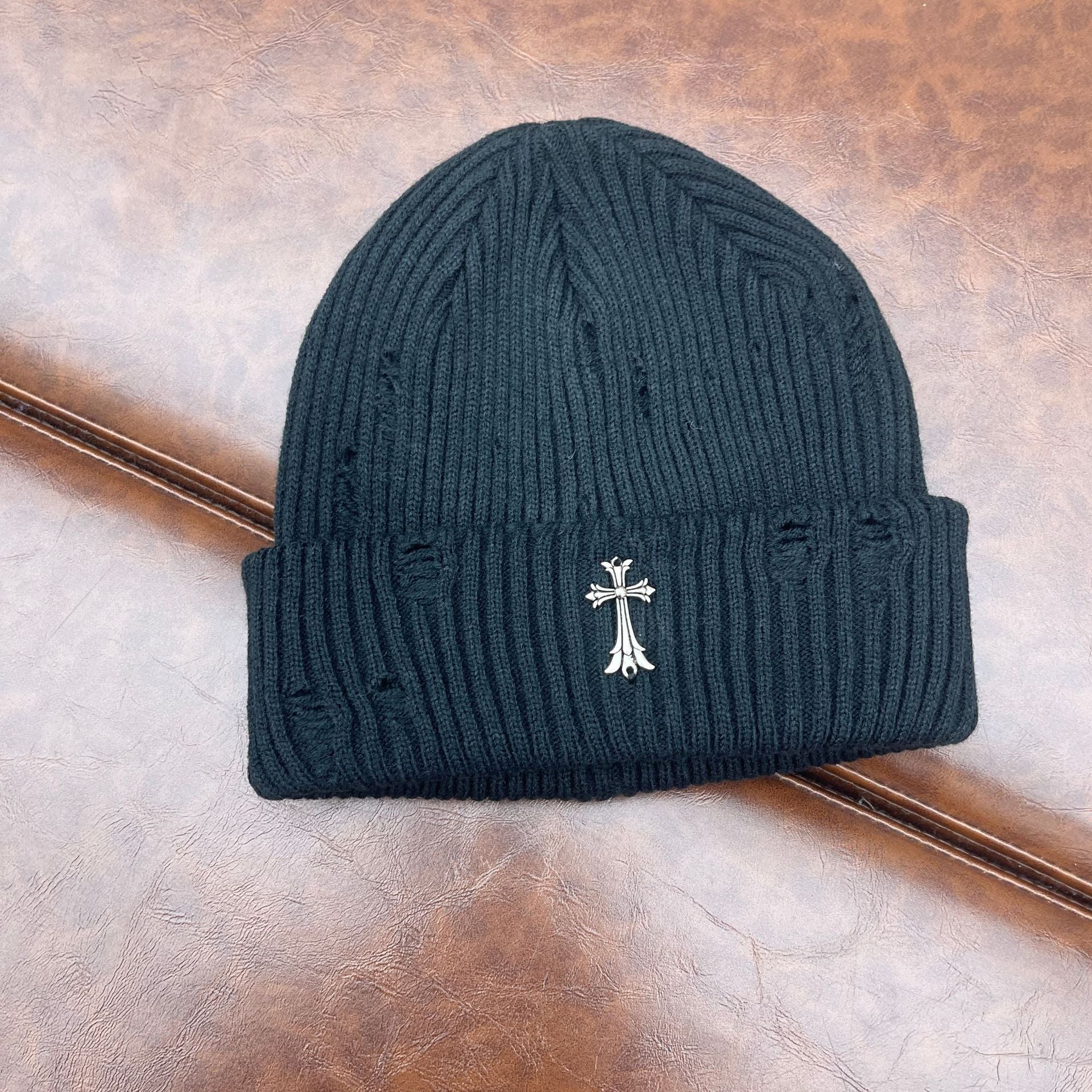 Chrome Heart Beanie Knitted Hat Women's Thick Wool Hat Cross Cold Hat